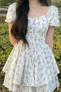 summer floral dress women mori casual wrap lavender flower print puff sleeve mini short dresses sundress kawaii cute 6150