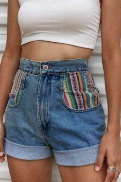 vintage high waist colorful lines blue jean shorts & 8211 y2k aesthetic fashion 1588