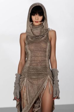 drawstring mini dress dune inspired rave outfit turtleneck vintage slim dress 9h14k