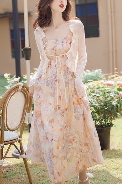 rose printing vintage slip dress with cardiganfrench corset dresscottagecore dressmilkmaid dressfairy dressvictorian dresssummer dress khgw2